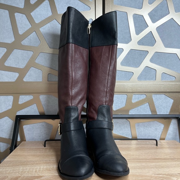Vince Camuto Leisha Cognac Black Leather Knee High Riding Boots Women 7 low heel - Picture 4 of 9